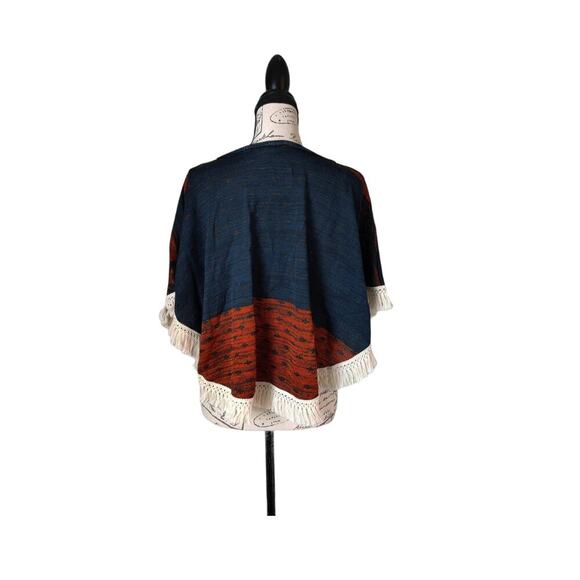 Vintage Havana Fringed Poncho Cape V-Neck Boho One Size Orange Blue - Picture 3 of 11
